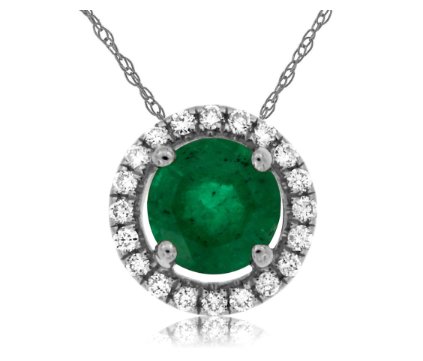 Emerald & Diamond Halo Pendant Necklace.